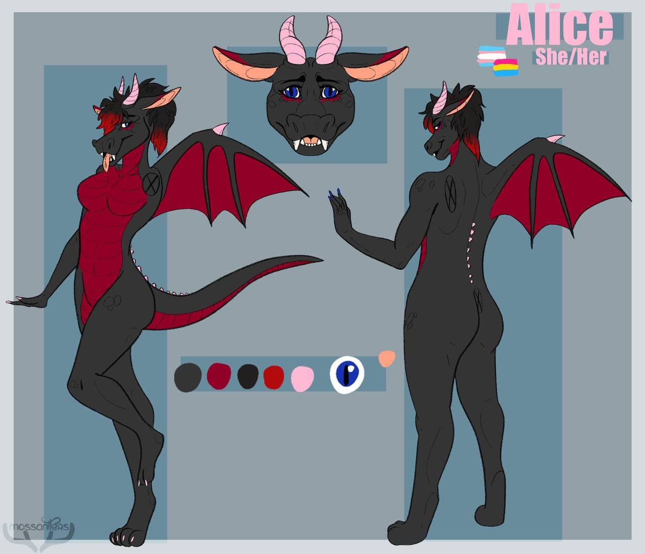 It's a ref sheet of a black/red dragon anthro with blue eyes.